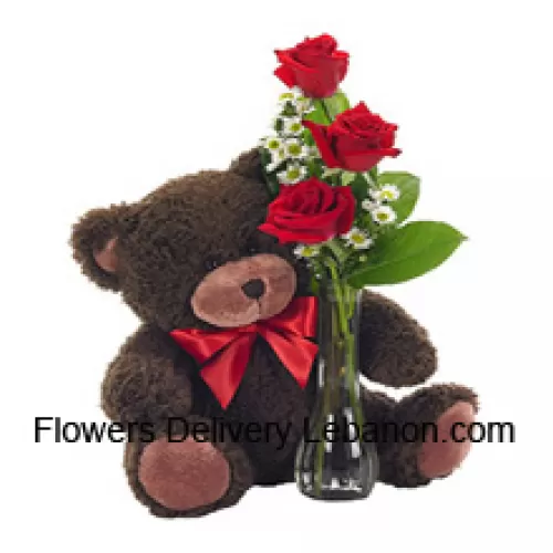 玻璃花瓶里有3朵红玫瑰和一些蕨类植物，还有一个可爱的14英寸高的泰迪熊