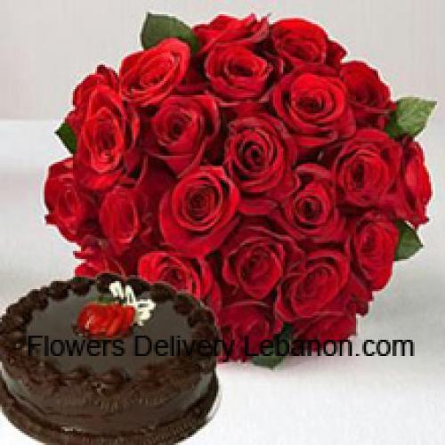 24 Red Roses with 1/2 Kg Cake