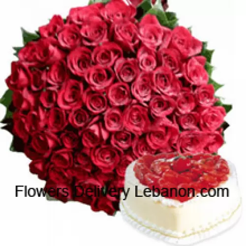 Bunch Of 100 Red Roses With Seasonal Fillers Along With 1 Kg Heart Shaped Vanilla Cake