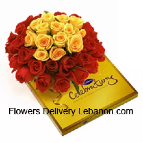 Ramo de 24 rosas rojas y 12 amarillas con rellenos de temporada junto con una hermosa caja de chocolates Cadbury