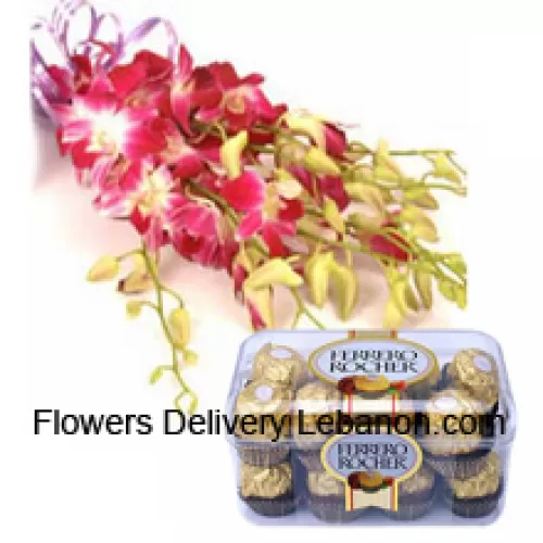Nippu vaaleanpunaisia orkideoita kausiluonteisilla täytteillä sekä 16 kpl Ferrero Rochers -suklaata