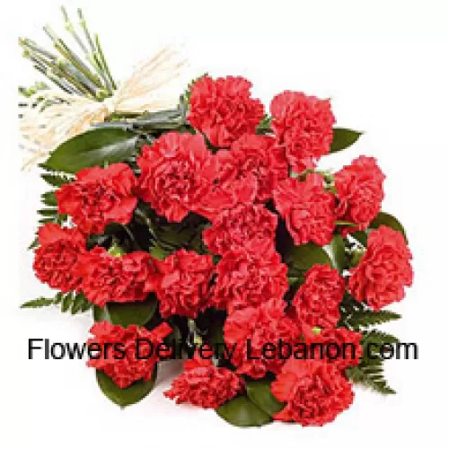 一束美丽的24朵红色康乃馨，搭配时令花材