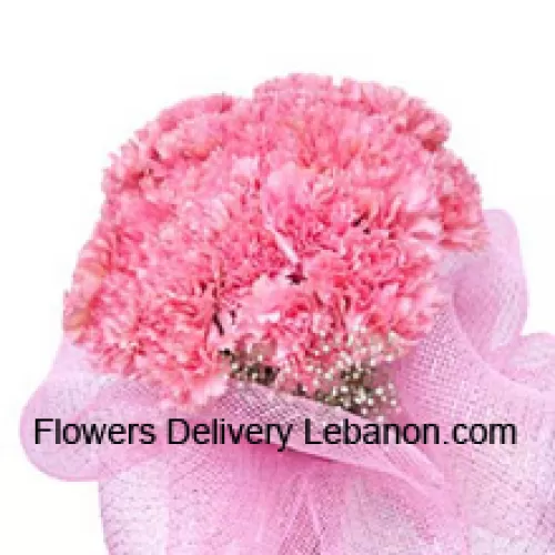 Piękny bukiet 24 różowych goździków z dodatkiem sezonowych wypełniaczy