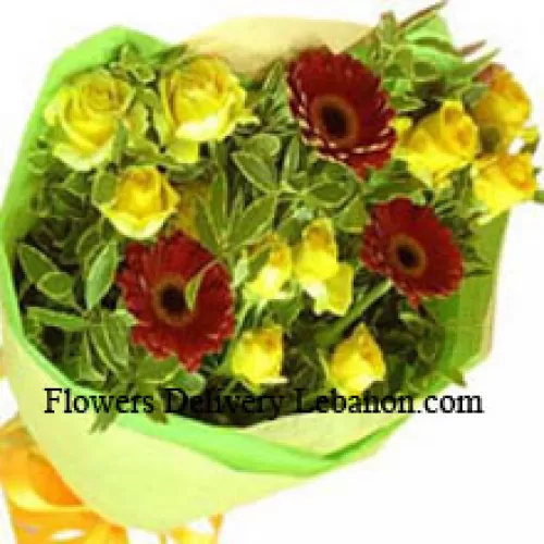 一束10朵黄玫瑰和3朵红色非洲菊