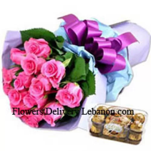 Strauß aus 12 Pink Roses mit 16 Stk. Ferrero Rocher
