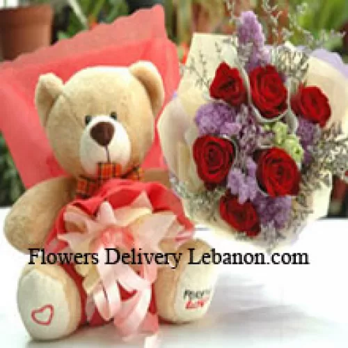 Buchet de 6 trandafiri roșii și un ursuleț drăguț de dimensiune medie