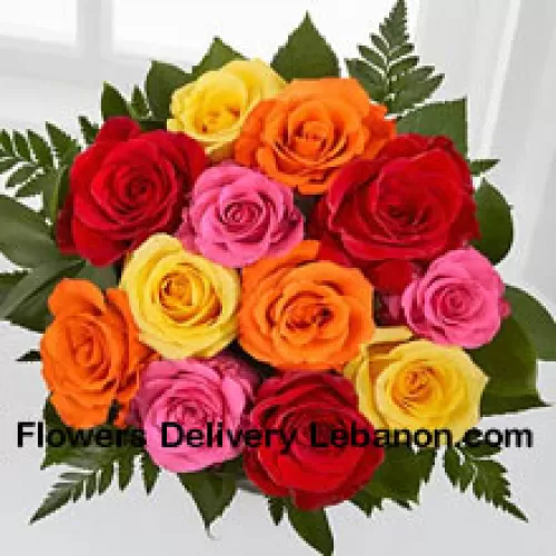Bouquet de 12 roses de couleurs mélangées