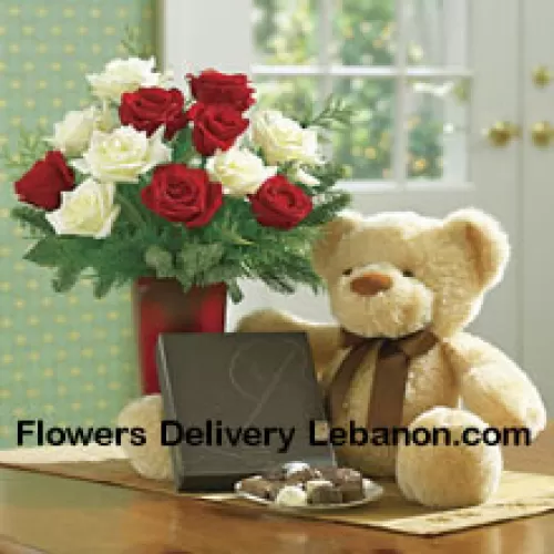 6 rote und 6 weiße Rosen mit etwas Farn in einer Vase, ein niedlicher hellbrauner 10-Zoll-Teddybär und eine Schachtel Schokolade