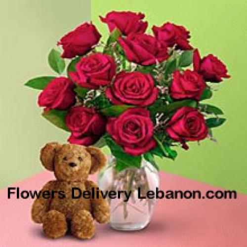 12 Roses in Vase with Teddy