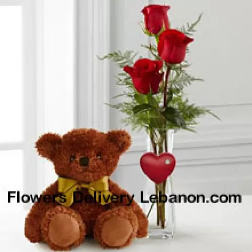 Drie rode rozen in een rode reageerbuisvaas en een schattige bruine beer van 10 inch (we behouden ons het recht voor om de vaas te vervangen in geval van niet-beschikbaarheid. Beperkte voorraad)