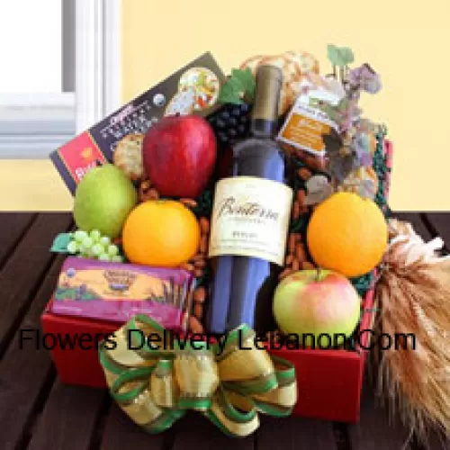 This Gift Basket includes A fine bottle of wholesome California organic Cabernet, Organic cheese and crackers, Fresh organic fruit And Organic California almonds. (Contents of basket including wine may vary by season and delivery location. In case of unavailability of a certain product we will substitute the same with a product of equal or higher value)