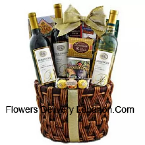 Questo cesto regalo include Beringer California Collection Cabernet Sauvignon Vino Rosso, Beringer California Collection Merlot Vino Rosso, Beringer California Collection Pinot Grigio Vino Bianco, cioccolato Ghirardelli, cioccolatini Ferrero Rocher, grissini al miele e senape della Napa Valley, toffee al burro Cashew Roca con cioccolato e anacardi, bastoncini di cioccolato al lampone Rademaker, caramelle alla liquirizia JM Morgans e noci miste in latta regalo. (Il contenuto del cesto, incluso il vino, può variare a seconda della stagione e del luogo di consegna. In caso di indisponibilità di un certo prodotto, lo sostituiremo con un prodotto di pari o maggior valore)