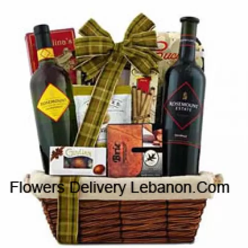 This Gift Basket includes Rosemount Estate Black Diamond Label Shiraz Red Wine, Rosemount Estate Chardonnay White Wine, Brie cheese spread, Three pepper blend crackers, Olive oil cucina chips, Guylian Belgian chocolate shells, Angelina?s sweet butter cookies, Dolcetto filled wafer roll And Feridies extra-large gourmet Virginia peanuts. (Contents of basket including wine may vary by season and delivery location. In case of unavailability of a certain product we will substitute the same with a product of equal or higher value)