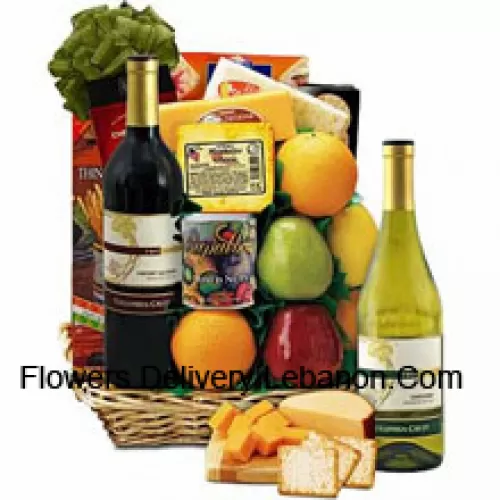 Esta canasta de regalo incluye vino tinto cabernet sauvignon de Columbia-Crest, vino blanco Chardonnay de Columbia-Crest, 6 piezas de fruta fresca de huerto, queso Monterey Jack, queso Colby Cheddar, quesos Muenster, galletas de crema Barber, galletas crujientes Monet, tradicionales palitos de pan italiano importados, palitos de pretzel Chio stickletti y surtido de nueces deluxe en lata de regalo. (El contenido de la canasta, incluyendo el vino, puede variar según la temporada y la ubicación de entrega. En caso de no disponibilidad de cierto producto, lo sustituiremos por un producto de valor igual o superior)