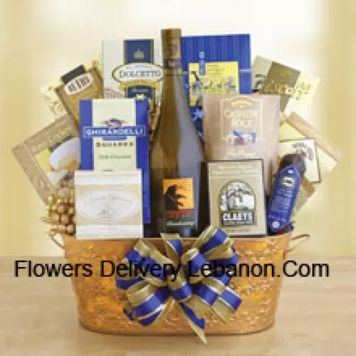 This Gift Basket features a bottle of Oaky Chardonnay  and the generous list of gourmet goodies includes: Dolcetto cookies, Ghirardelli chocolate squares, Three Pepper water crackers, Biscoff cookies, English tea cookies, Cashew Roca, chocolate chip cookies, cheese, cheese sticks, salami and chocolate fudge. (Contents of basket including wine may vary by season and delivery location. In case of unavailability of a certain product we will substitute the same with a product of equal or higher value)