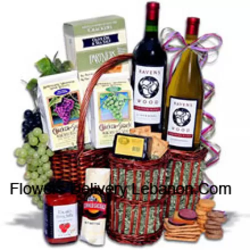 This Gift Basket Includes Chardonnay Vinters Blend by Ravenswood?- 750 ml, Zinfandel Vinters Blend by Ravenswood?- 750 ml, Partners Hors Doeuvre Deli Style Crackers, White Wine Biscuits by American Vintage, Red Wine Biscuits by American Vintage, Tomato Bruschetta by Elki, Butcher Wrapped Summer Sausage by Sparrer Sausage Company, Hickory and Maple Smoked Cheese by Sugarbush Farm. (Contents of basket including wine may vary by season and delivery location. In case of unavailability of a certain product we will substitute the same with a product of equal or higher value)