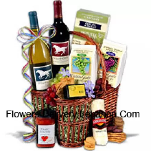 Acest coș cadou include Wild Horse - Cabernet Sauvignon - 750ml, Wild Horse - Chardonnay - 750ml, Hors Doeuvre Deli Style Crackers de la Partners, Brânză afumată cu Hickory & Maple de la Sugarbush Farm, Salam de vară ambalat de la Sparrer Sausage Co, Bruschetta de roșii de la Elki, Biscuiți cu vin roșu de la American Vintage și Biscuiți cu vin alb de la American Vintage. (Conținutul coșului, inclusiv vinul, poate varia în funcție de sezon și locația de livrare. În cazul în care un anumit produs nu este disponibil, îl vom înlocui cu un produs de valoare egală sau mai mare)