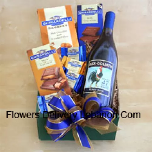 Dieser Geschenkkorb enthält eine Flasche feinen kalifornischen Cabernet, Ghirardelli-Schokoladenquadrate und Ghirardelli-Schokoladenriegel in Milch und Karamell. (Inhalt des Korbs einschließlich Wein kann je nach Saison und Lieferort variieren. Im Falle der Nichtverfügbarkeit eines bestimmten Produkts werden wir das gleiche durch ein Produkt von gleichem oder höherem Wert ersetzen)