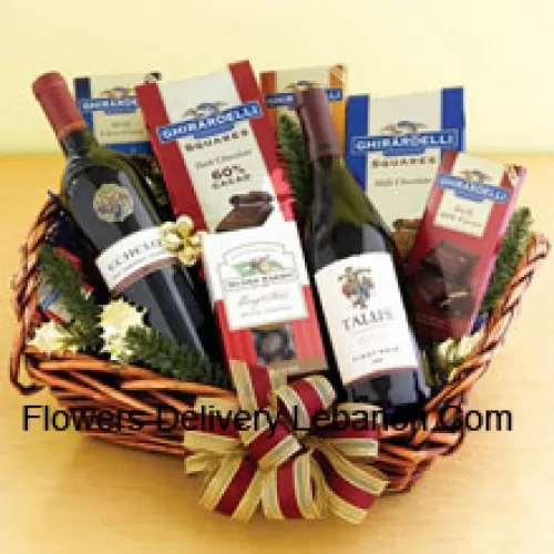 This Gift Basket Includes Two bottles of bold red wine, Chocolate-covered poppers, Assorted Ghirardelli chocolates including dark, mint and caramel bars and squares. (Contents of basket including wine may vary by season and delivery location. In case of unavailability of a certain product we will substitute the same with a product of equal or higher value)