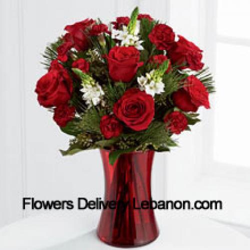 Roses and Assorted Greenery in Red Vase