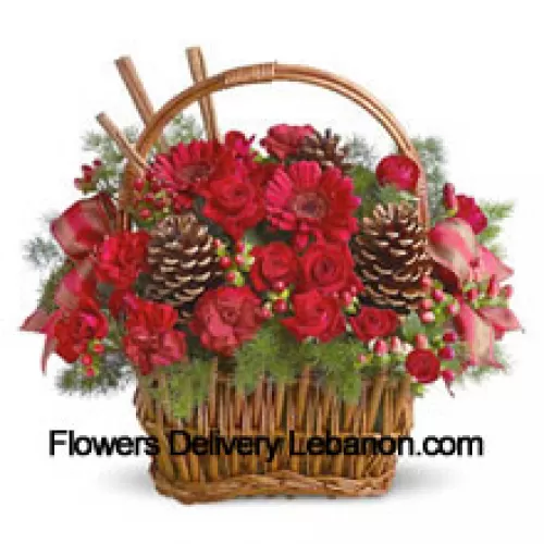 Spice up any winter occasion with this charming basket bouquet of miniature roses, carnations, gerberas, or similar festive blooms, designed in a basket with fresh evergreens, pinecones, and accents. Great for a thank you, Happy Holidays greeting, Christmas wishes, or just because (Please Note That We Reserve The Right To Substitute Any Product With A Suitable Product Of Equal Value In Case Of Non-Availability Of A Certain Product)